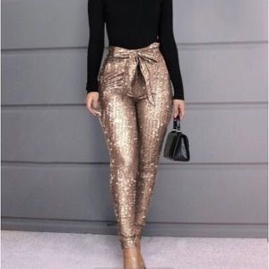 High Waist Tied Detail Sequins Skinny Pants